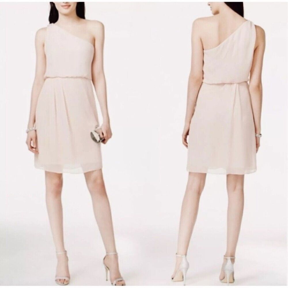 Adrianna Papell One Shoulder Blush Chiffon Cocktail Dress Rhinestone NWT 12